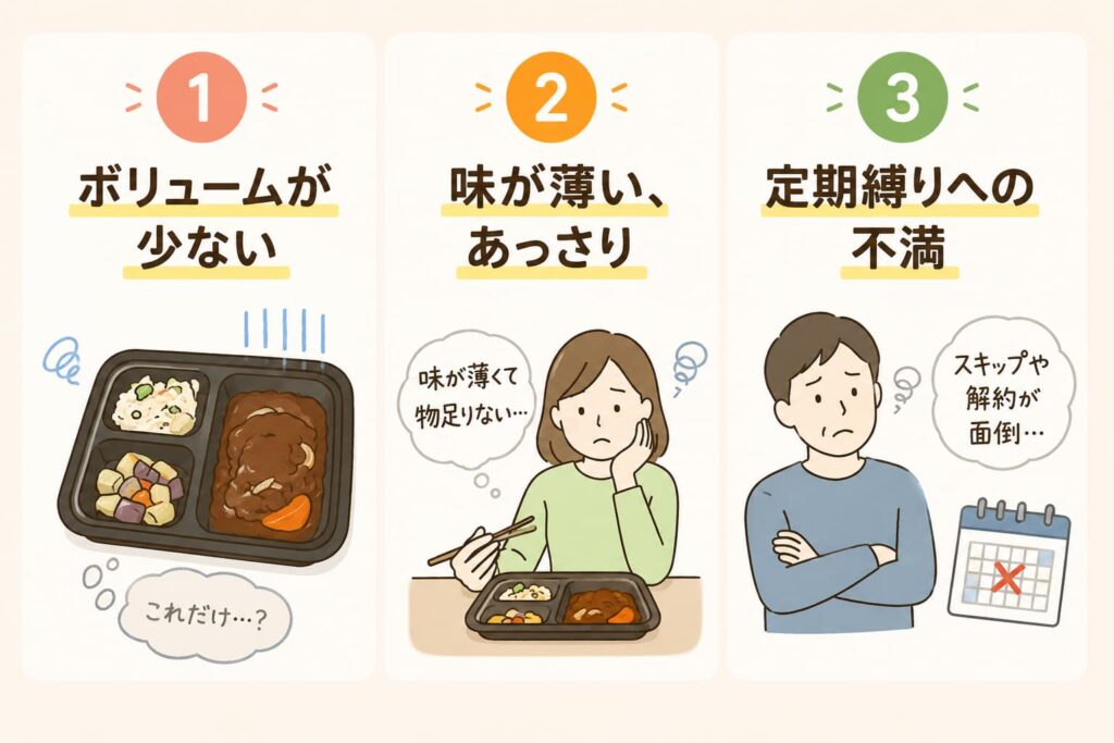 ①ボリュームが少ない
②味が薄い、あっさり
③定期縛りへの不満