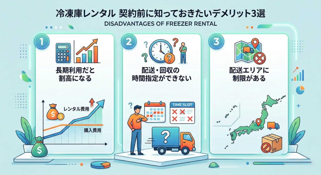 冷凍庫レンタルのデメリット
長期利用だと割高
配送、回収の時間指定ができない
配送エリアに制限あり