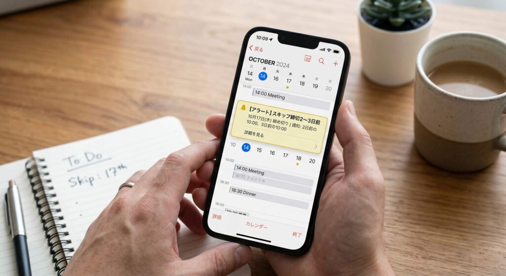 スマホにナッシュのスキップリマインダーを設定しているイメージ