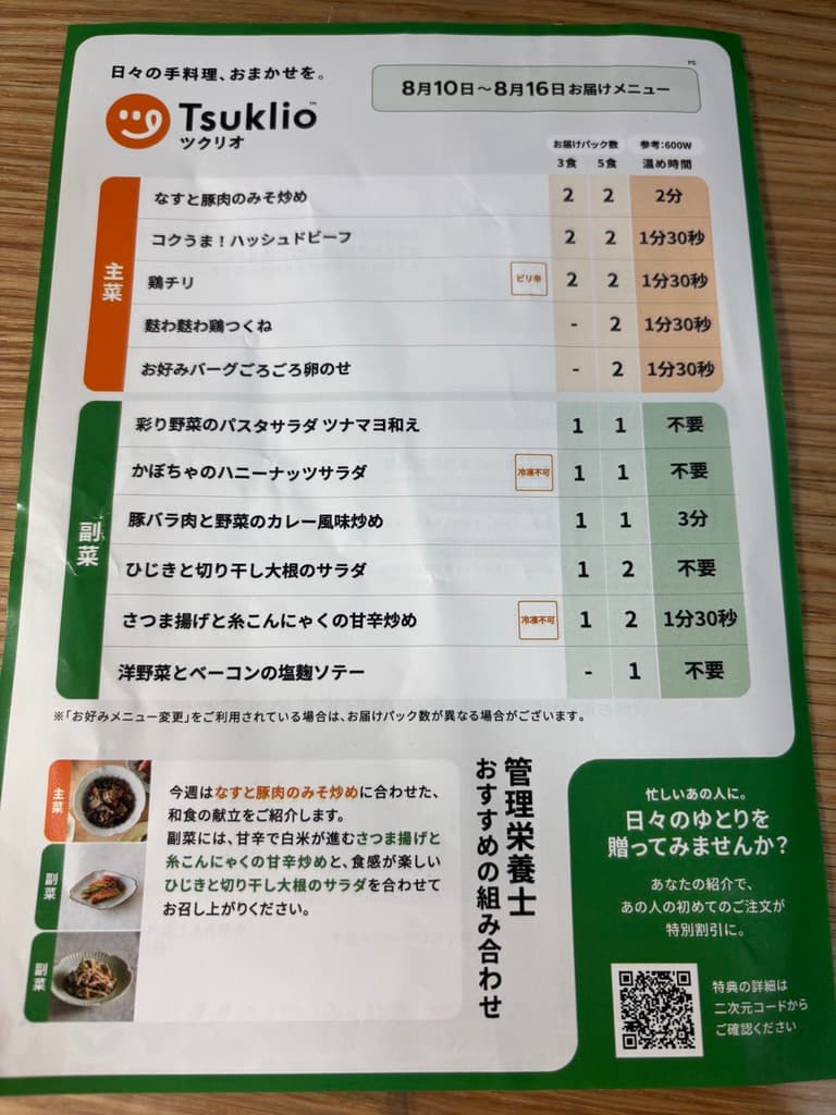 8月10日週のお届けメニュー表