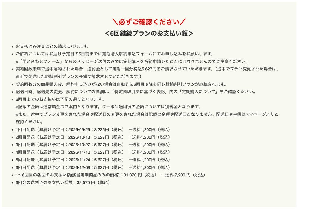 6回分の支払い予定と違約金が書かれた「必ずご確認ください」