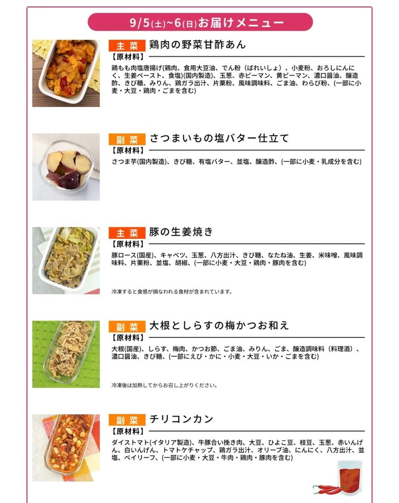 LINEに届いた次週メニューのスクショ